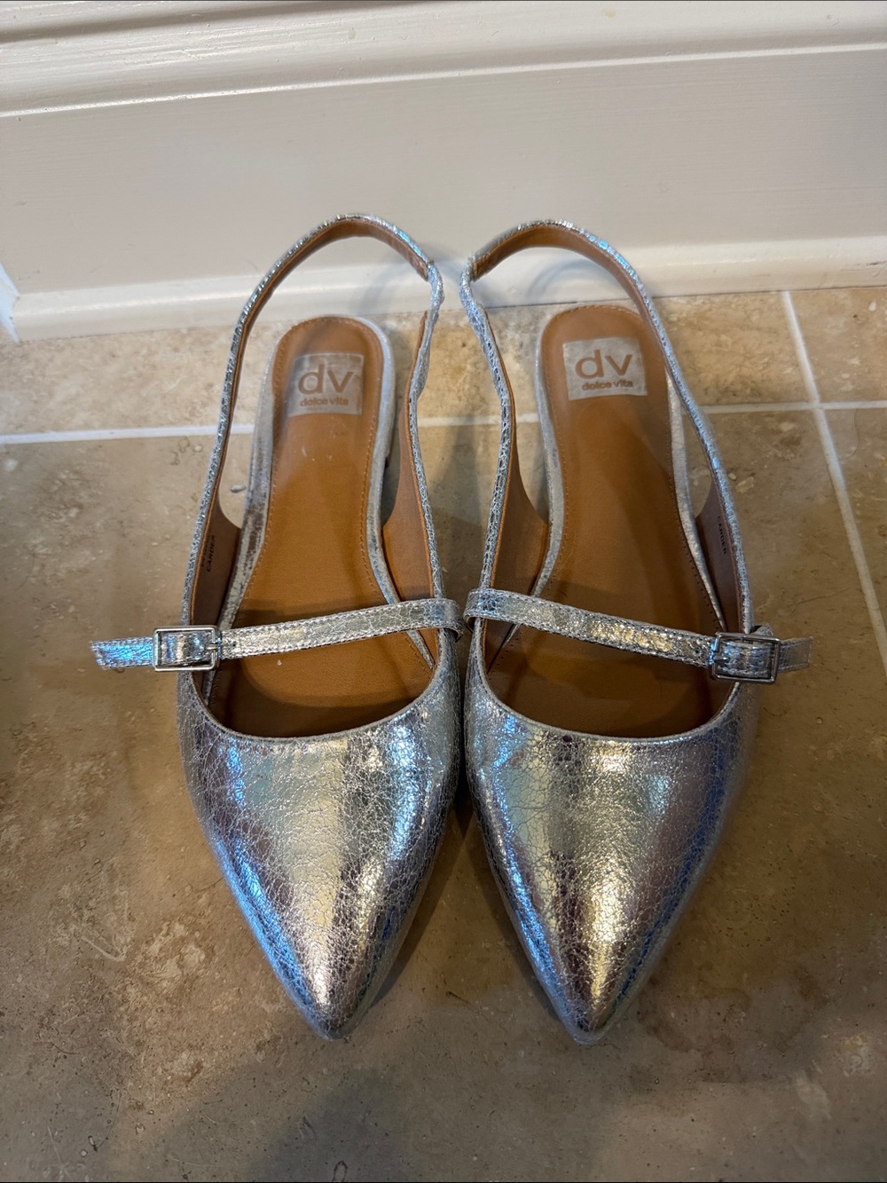 DV by Dolce Vita Metallic Silver Pointed Slingback Flats